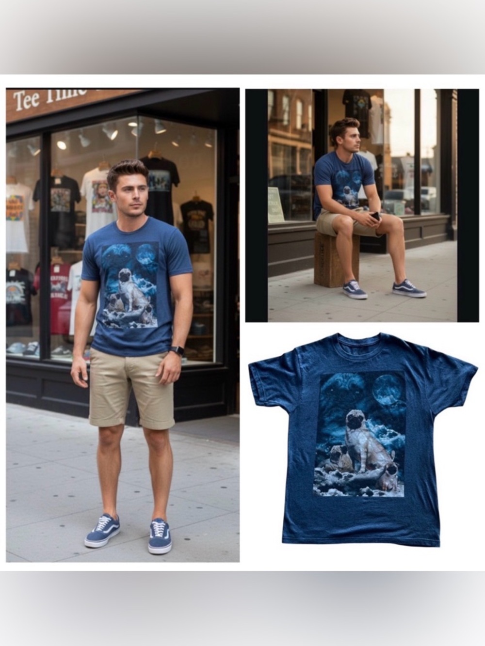 Pug Dogs Tee blue Heather black with moon space background Medium Black Matter